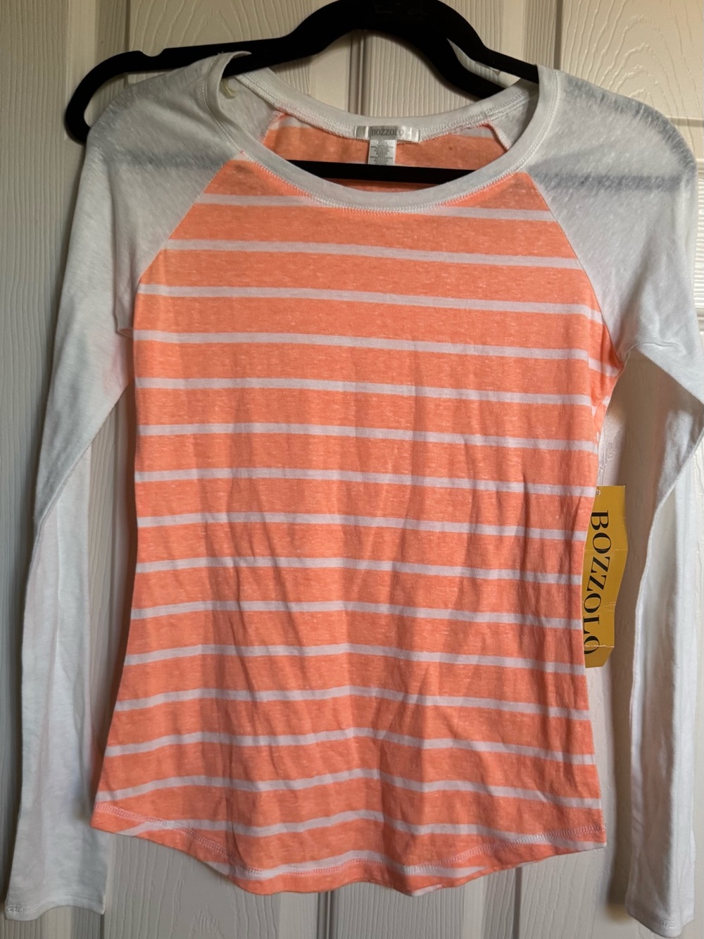 Bozzolo Coral and White Striped Raglan Tee, Size Small